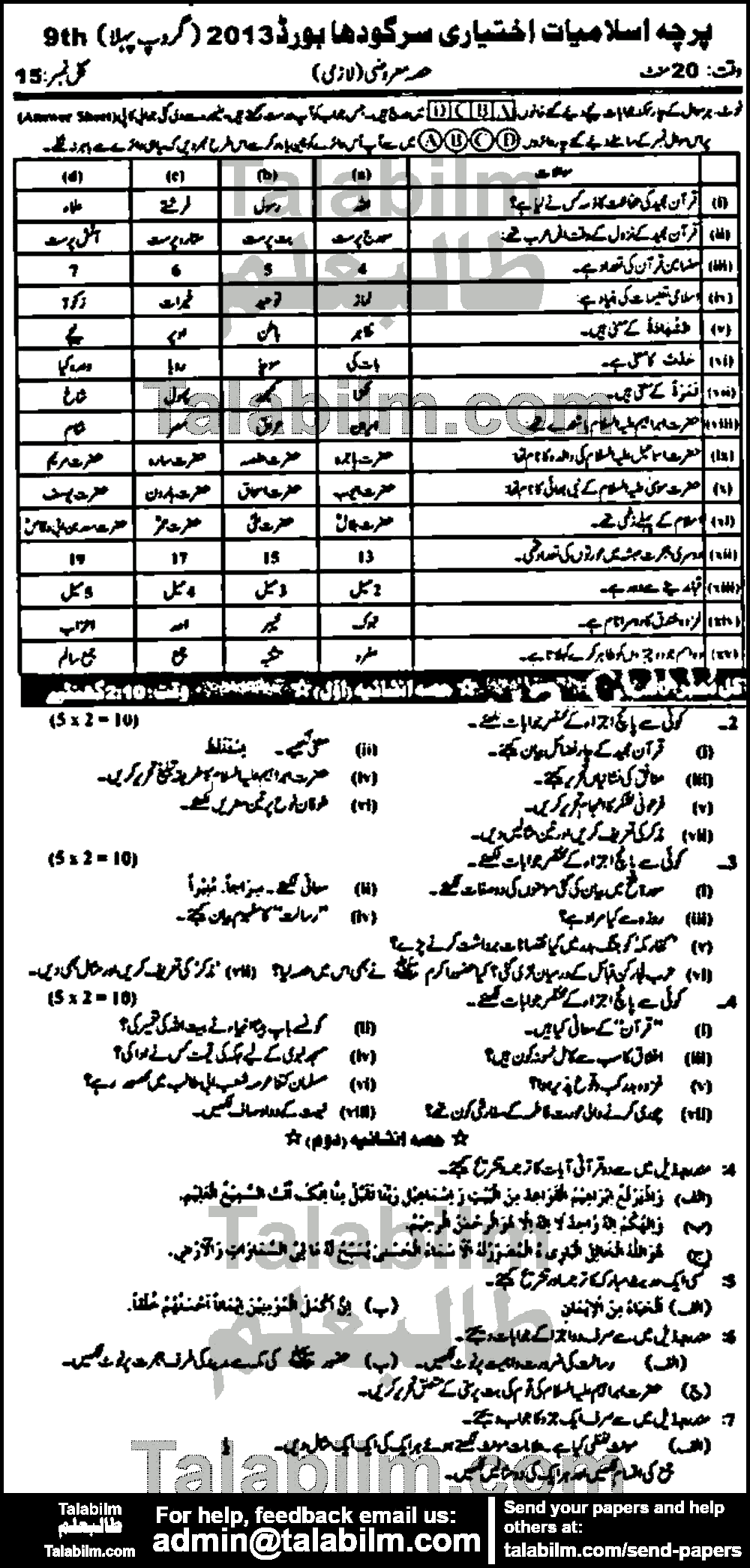 Islamiat Elective 0 past paper for Urdu Medium 2013 Group-I