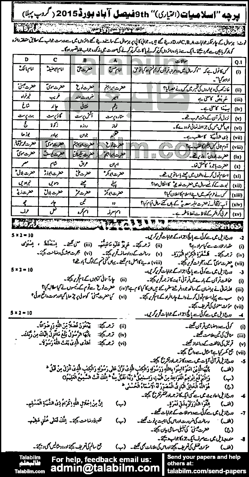 Islamiat Elective 0 past paper for Urdu Medium 2015 Group-I