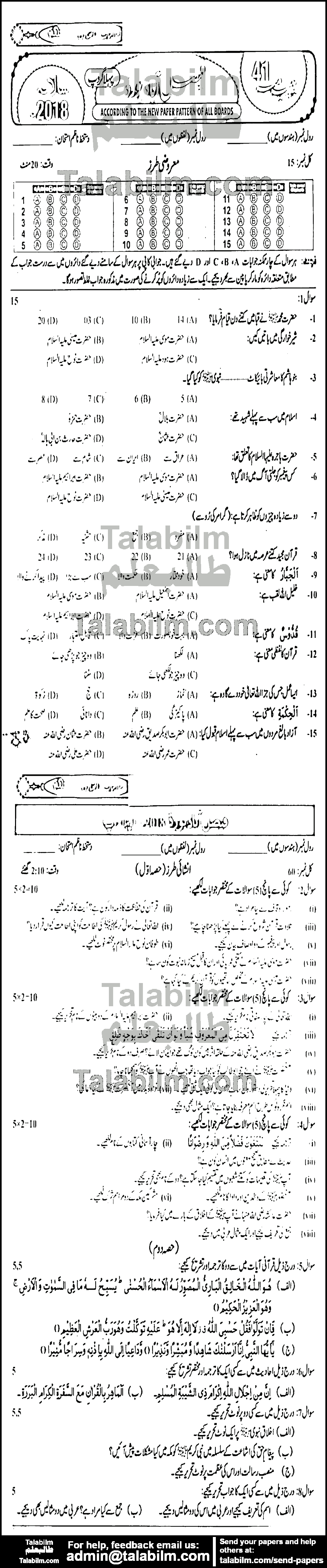 Islamiat Elective 0 past paper for Urdu Medium 2018 Group-I