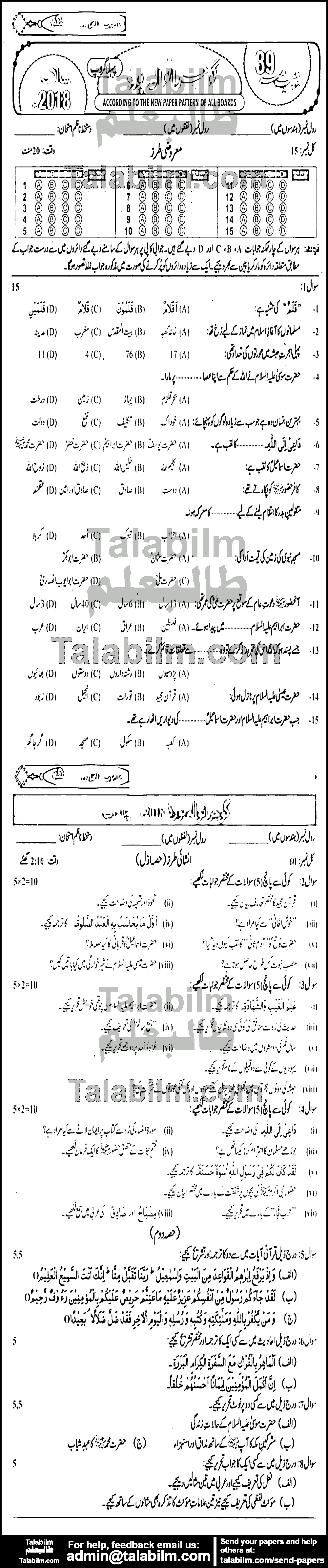 Islamiat Elective 0 past paper for Urdu Medium 2018 Group-I