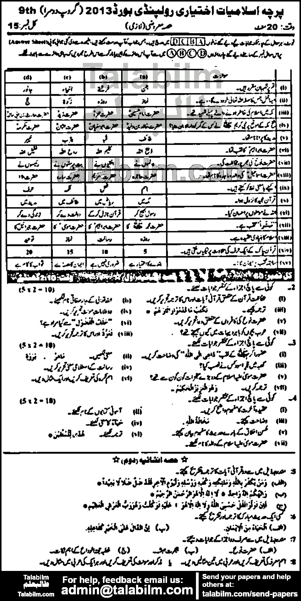 Islamiat Elective 0 past paper for Urdu Medium 2013 Group-II