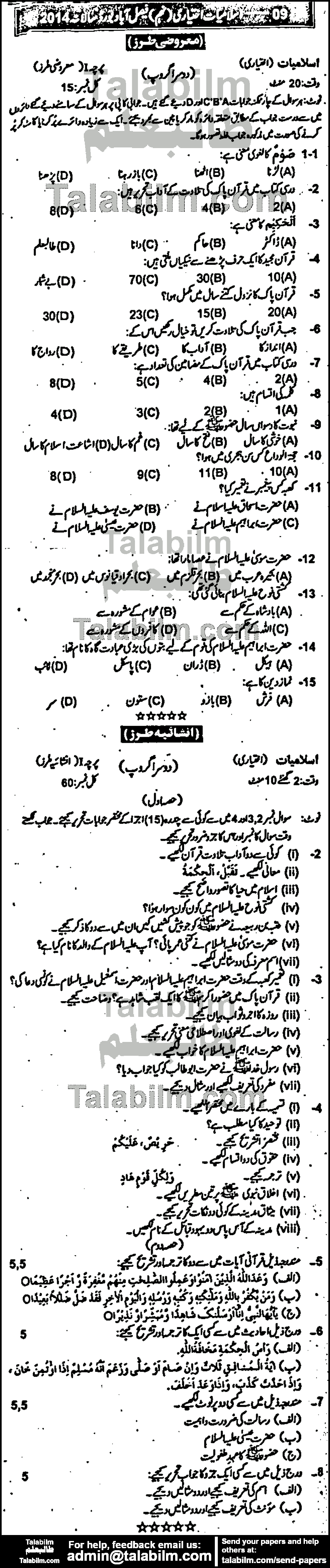 Islamiat Elective 0 past paper for Urdu Medium 2014 Group-II