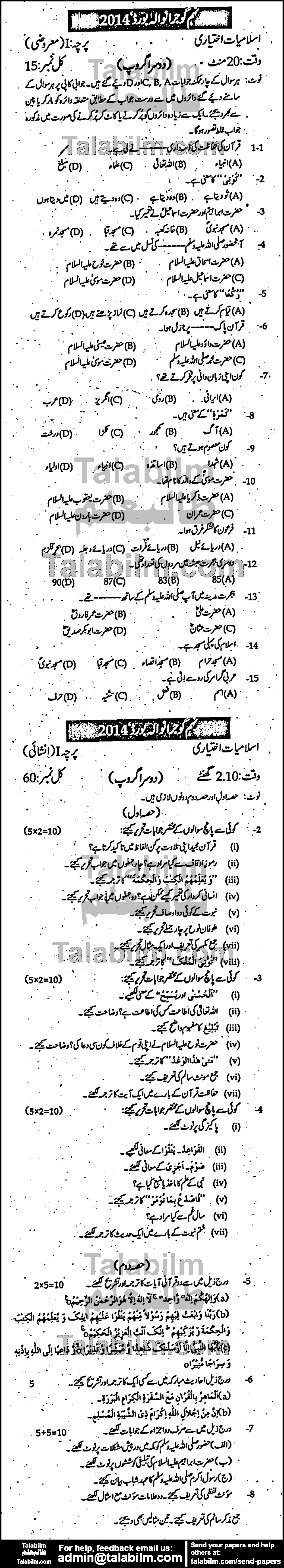 Islamiat Elective 0 past paper for Urdu Medium 2014 Group-II