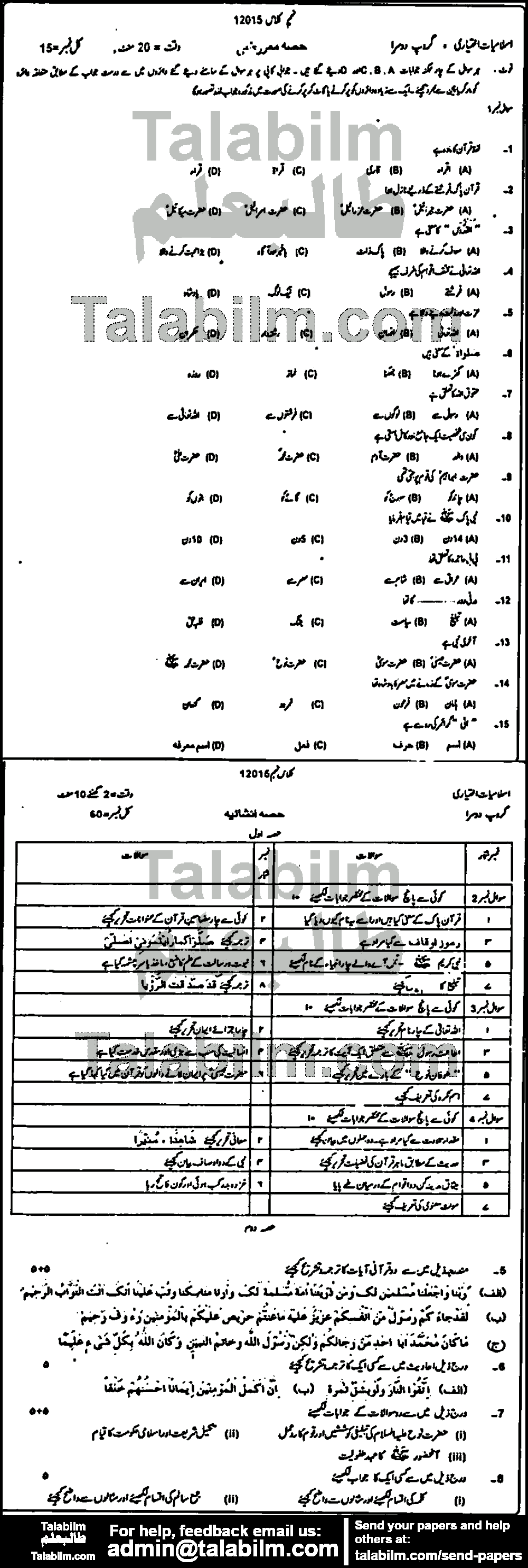 Islamiat Elective 0 past paper for Urdu Medium 2015 Group-II