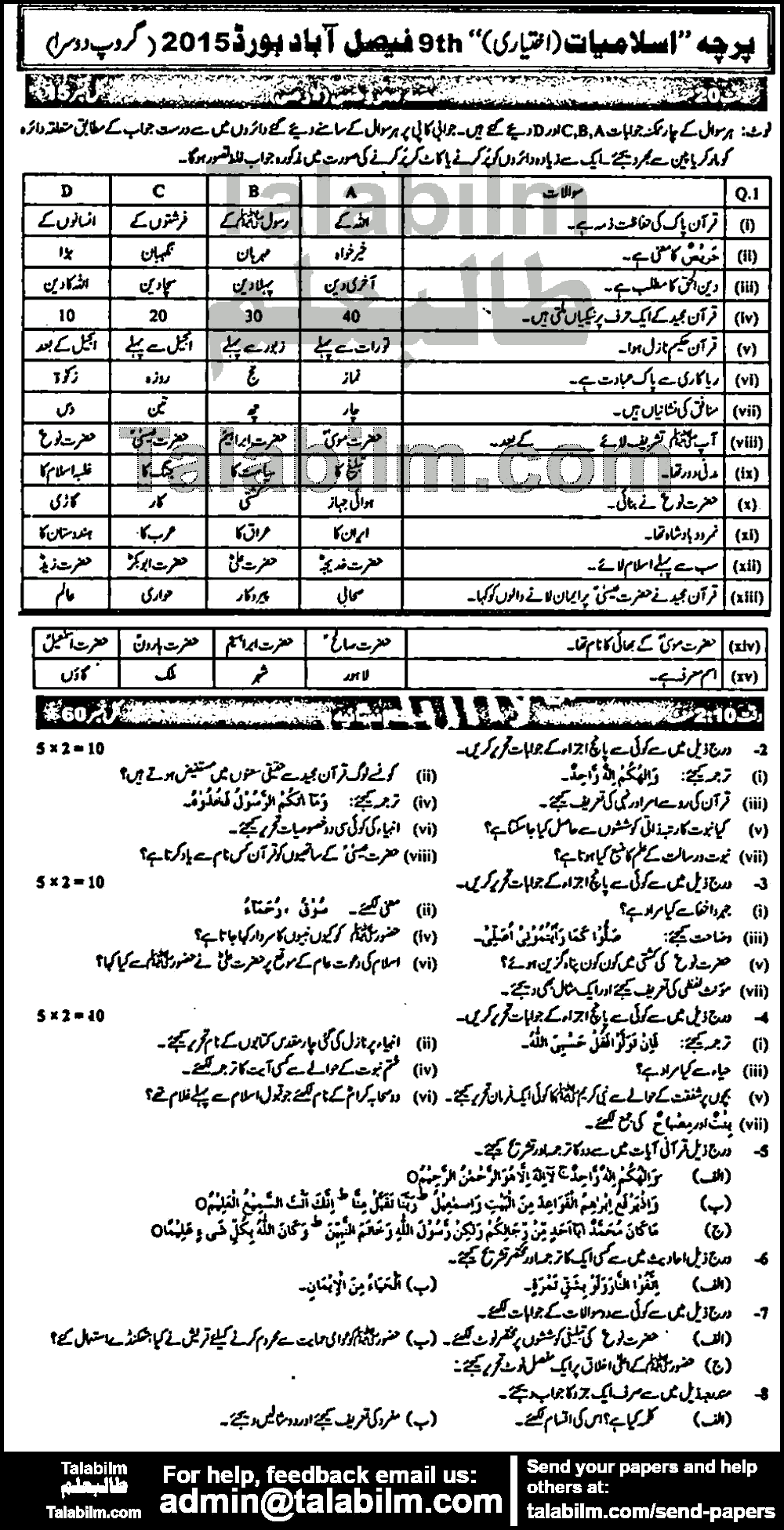 Islamiat Elective 0 past paper for Urdu Medium 2015 Group-II