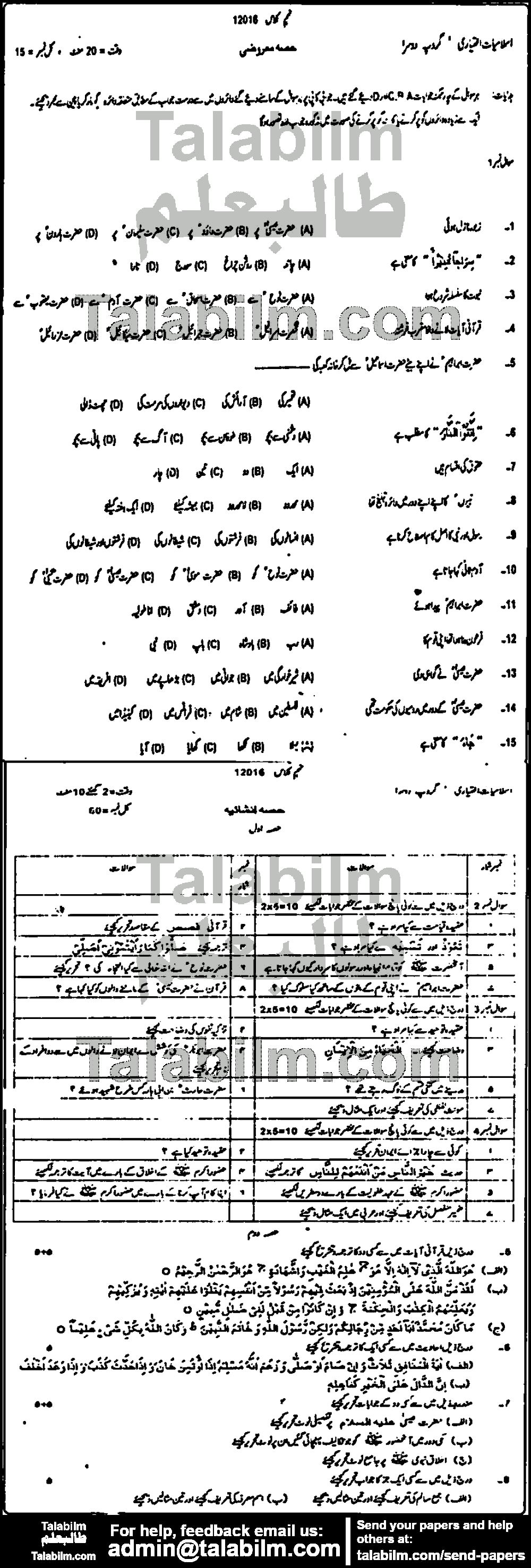 Islamiat Elective 0 past paper for Urdu Medium 2016 Group-II