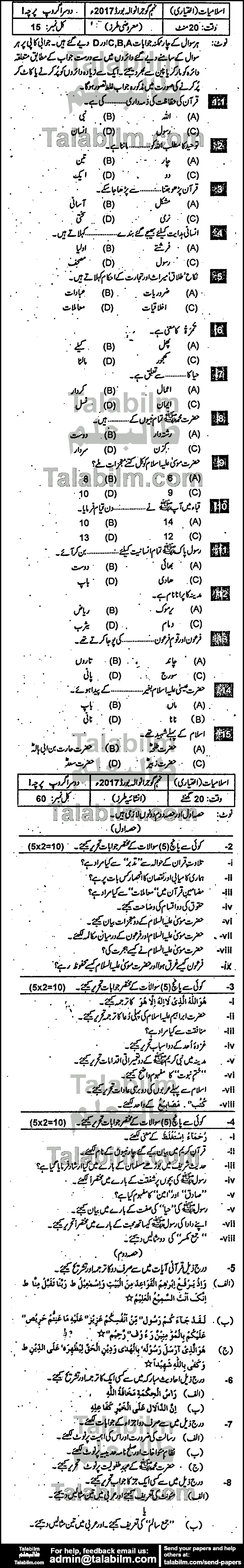 Islamiat Elective 0 past paper for Urdu Medium 2017 Group-II