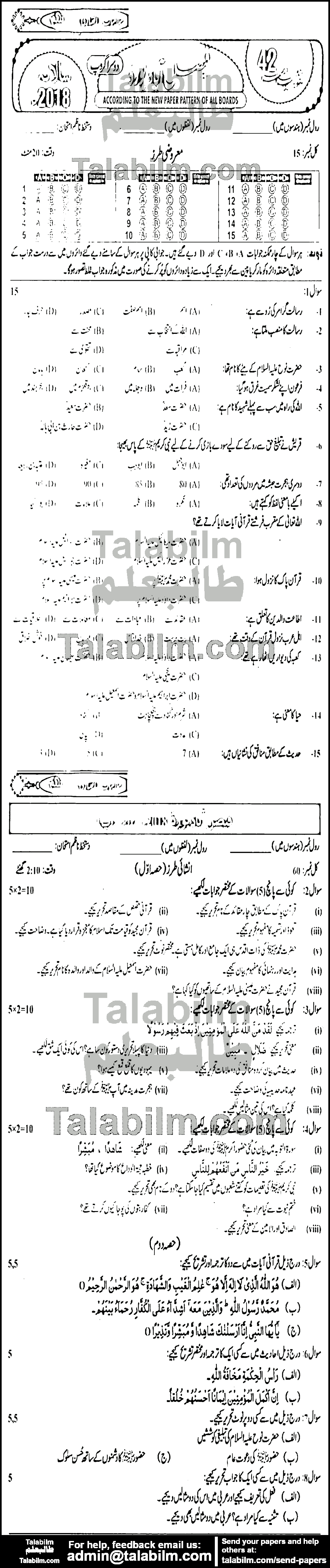 Islamiat Elective 0 past paper for Urdu Medium 2018 Group-II