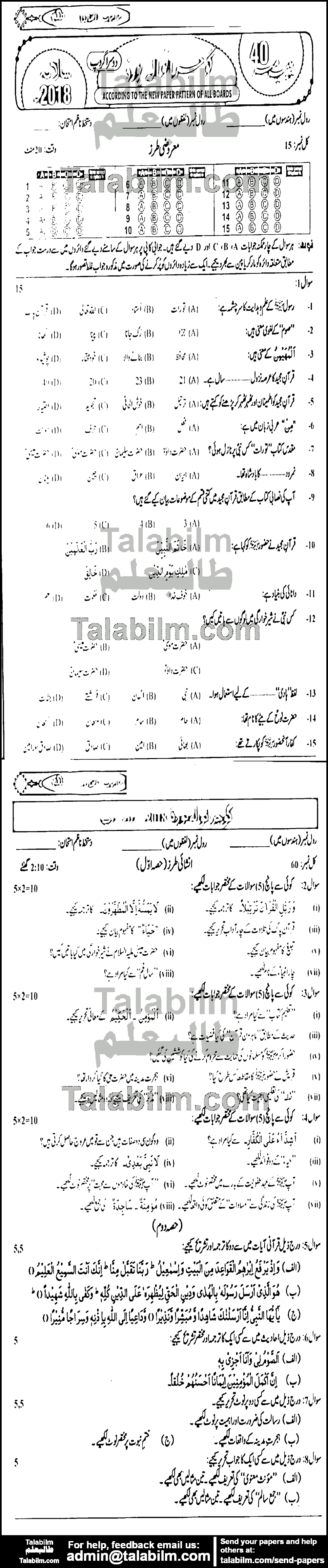 Islamiat Elective 0 past paper for Urdu Medium 2018 Group-II