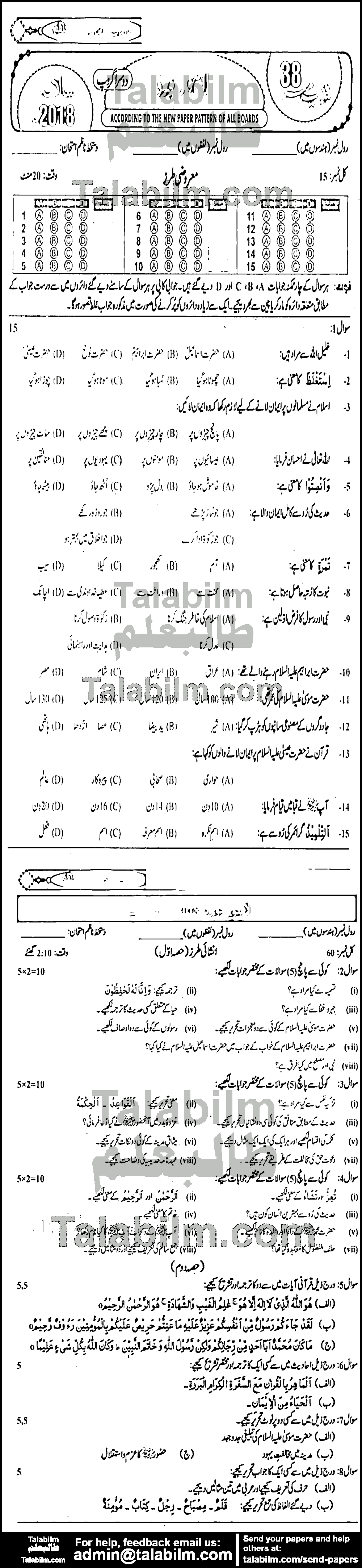 Islamiat Elective 0 past paper for Urdu Medium 2018 Group-II