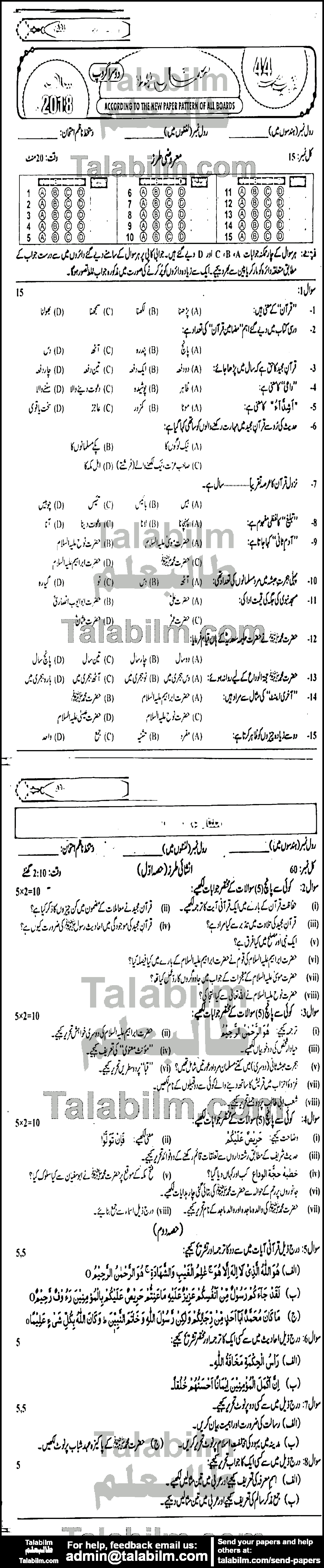 Islamiat Elective 0 past paper for Urdu Medium 2018 Group-II