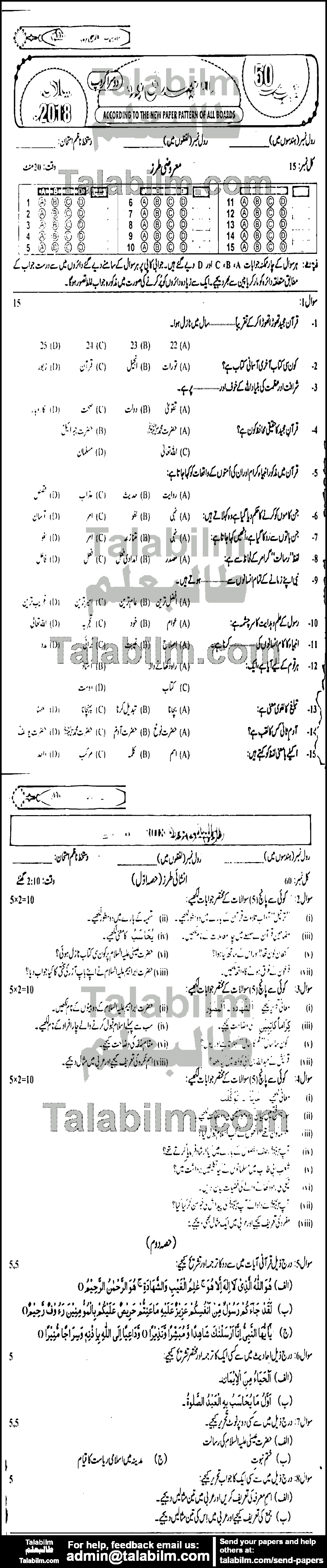 Islamiat Elective 0 past paper for 2018 Group-II