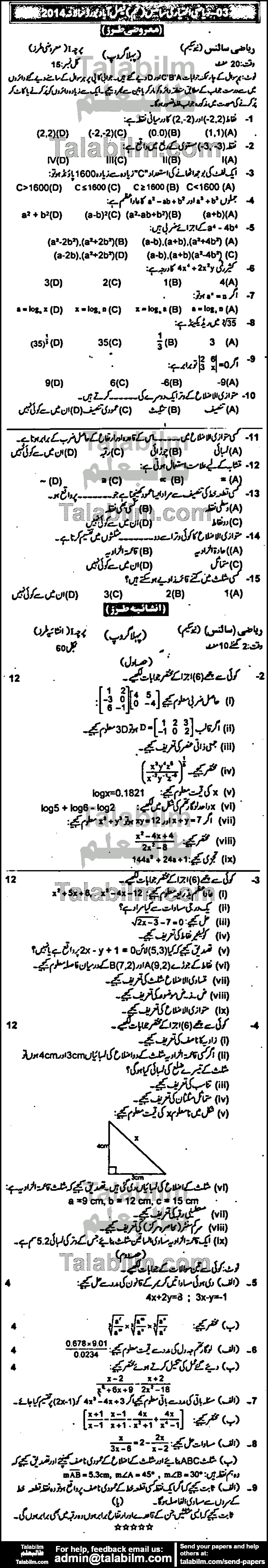 Math 0 past paper for Urdu Medium 2014 Group-I