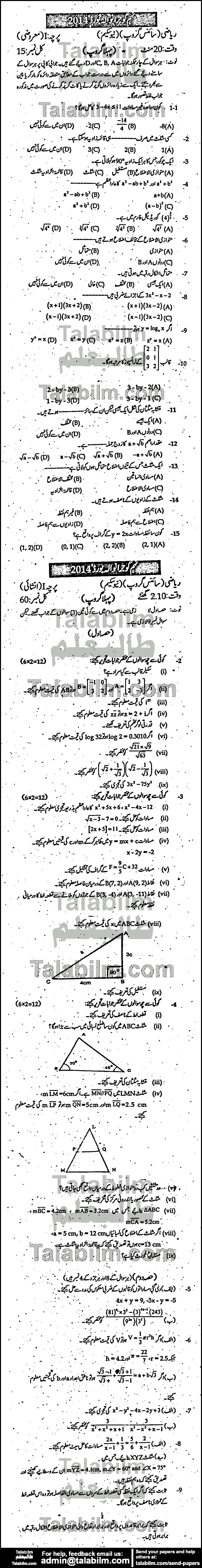 Math 0 past paper for Urdu Medium 2014 Group-I