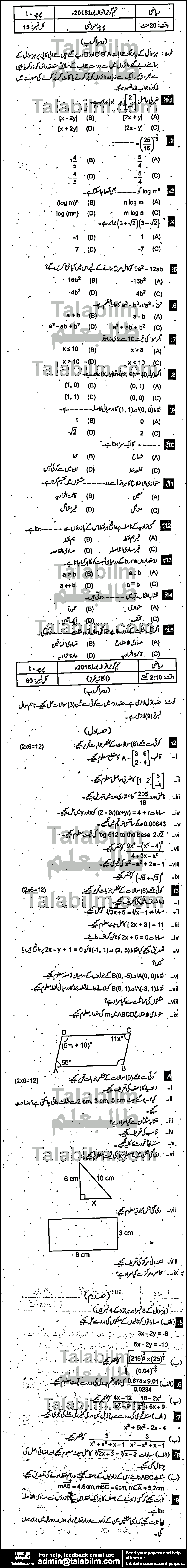 Math 0 past paper for Urdu Medium 2016 Group-II