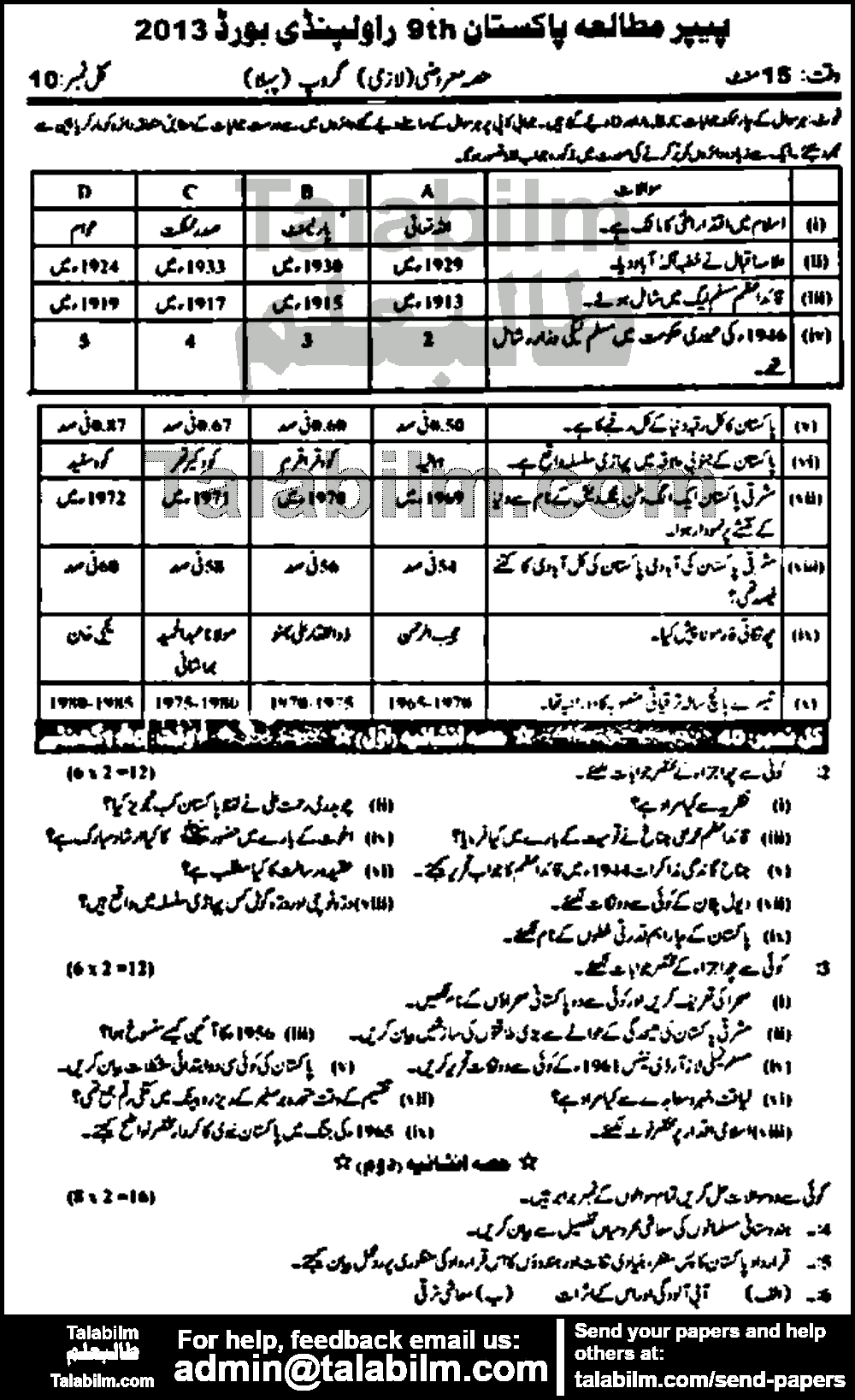 Pak Studies 0 past paper for Urdu Medium 2013 Group-I