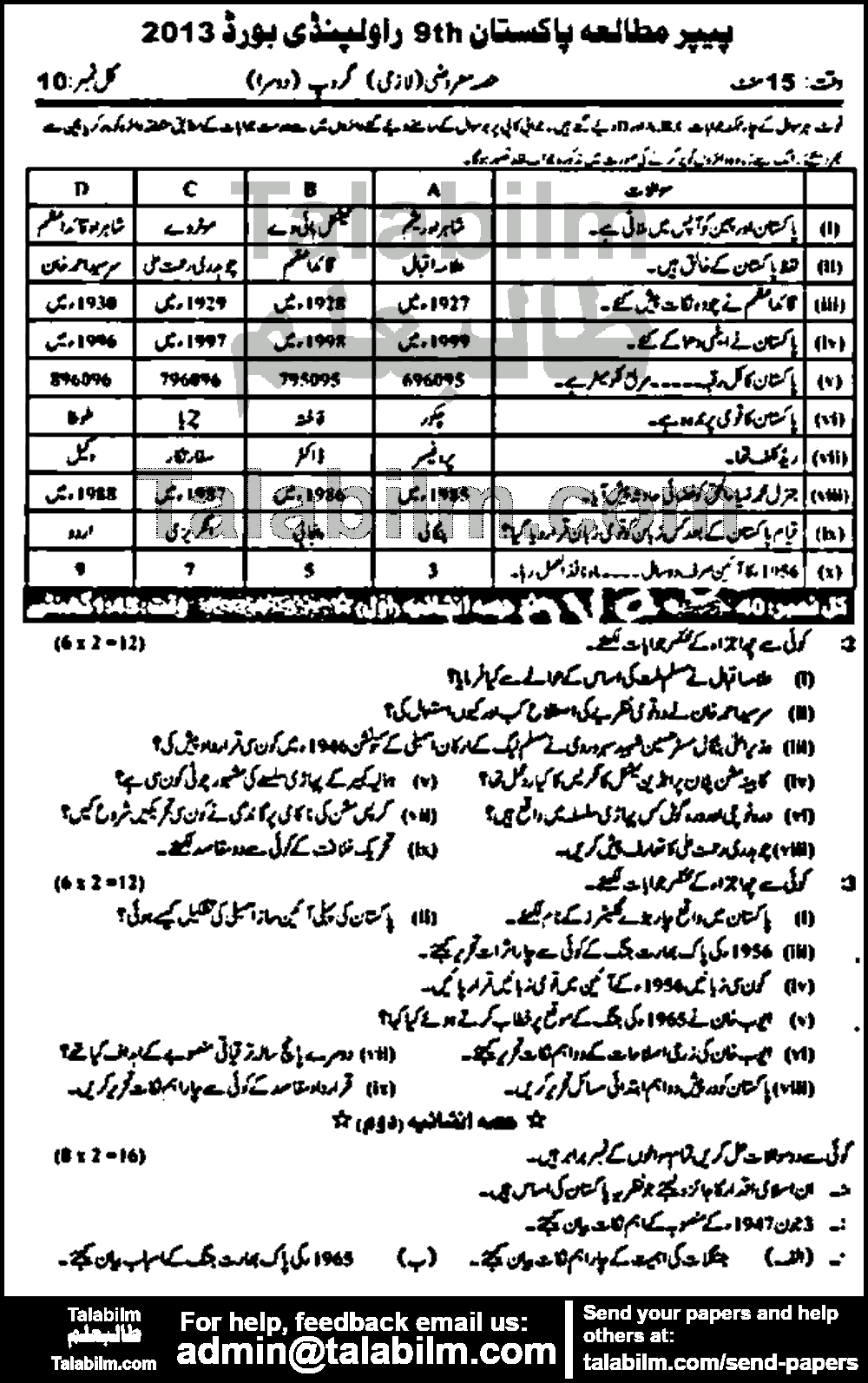 Pak Studies 0 past paper for Urdu Medium 2013 Group-II