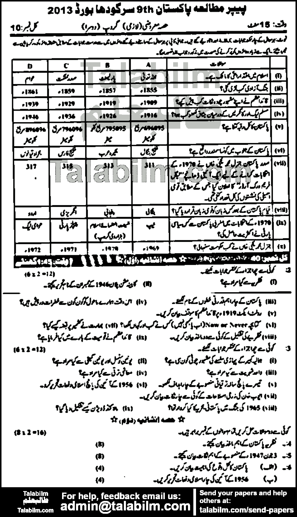 Pak Studies 0 past paper for Urdu Medium 2013 Group-II