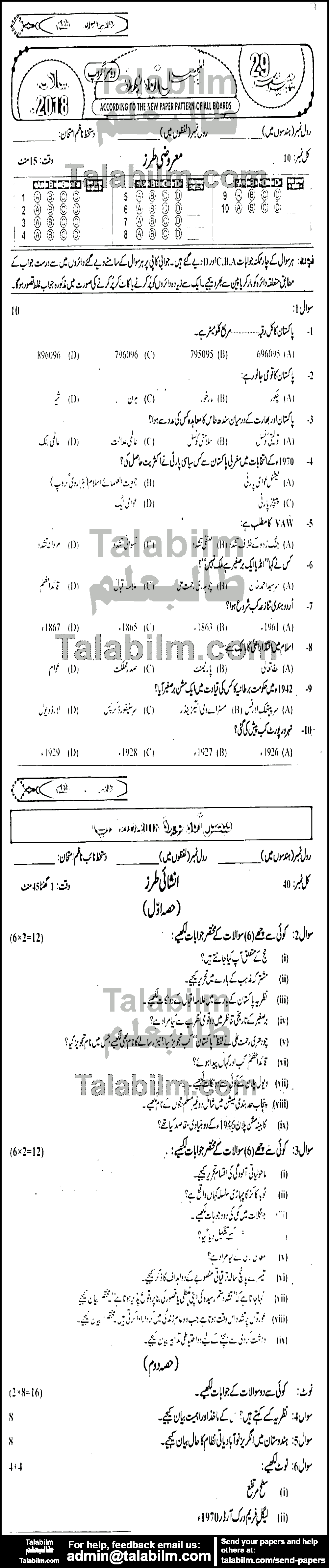 Pak Studies 0 past paper for Urdu Medium 2018 Group-II