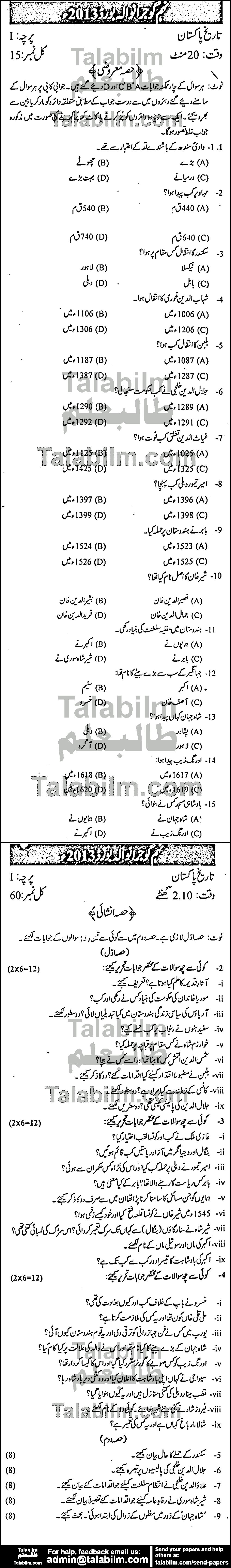 Pakistan History 0 past paper for Urdu Medium 2013 Group-I