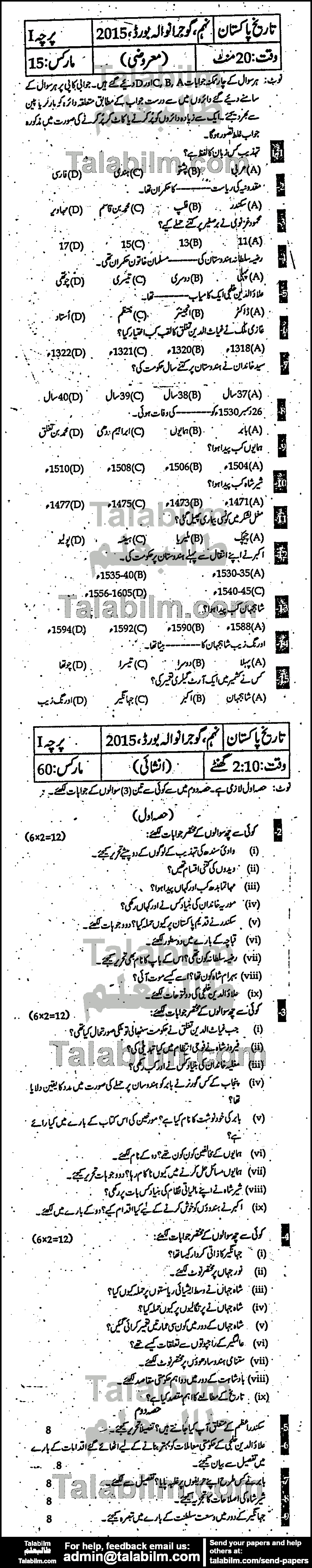 Pakistan History 0 past paper for Urdu Medium 2015 Group-I