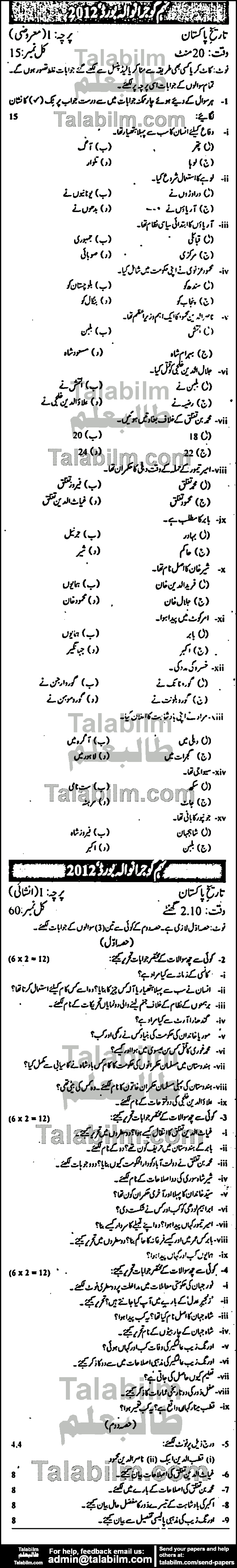 Pakistan History 0 past paper for Urdu Medium 2012 Group-II