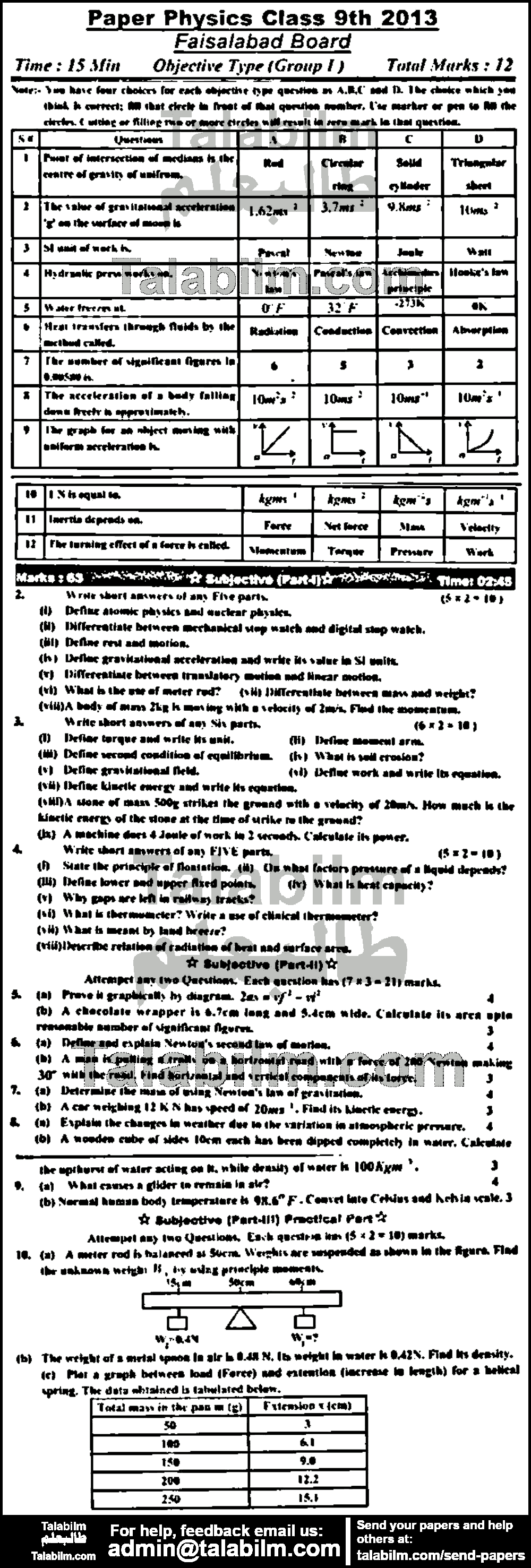 Physics 0 past paper for English Medium 2013 Group-I