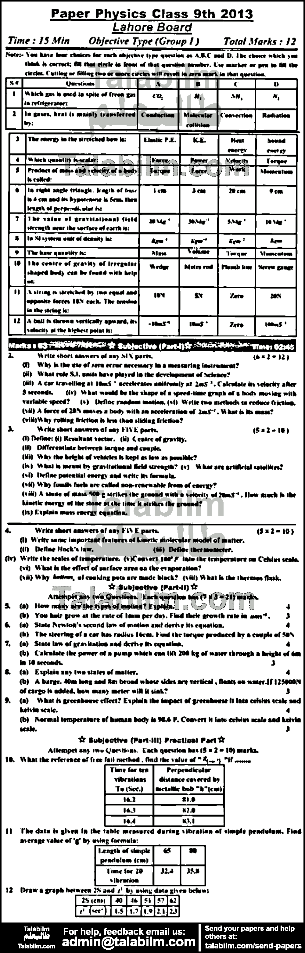 Physics 0 past paper for English Medium 2013 Group-I