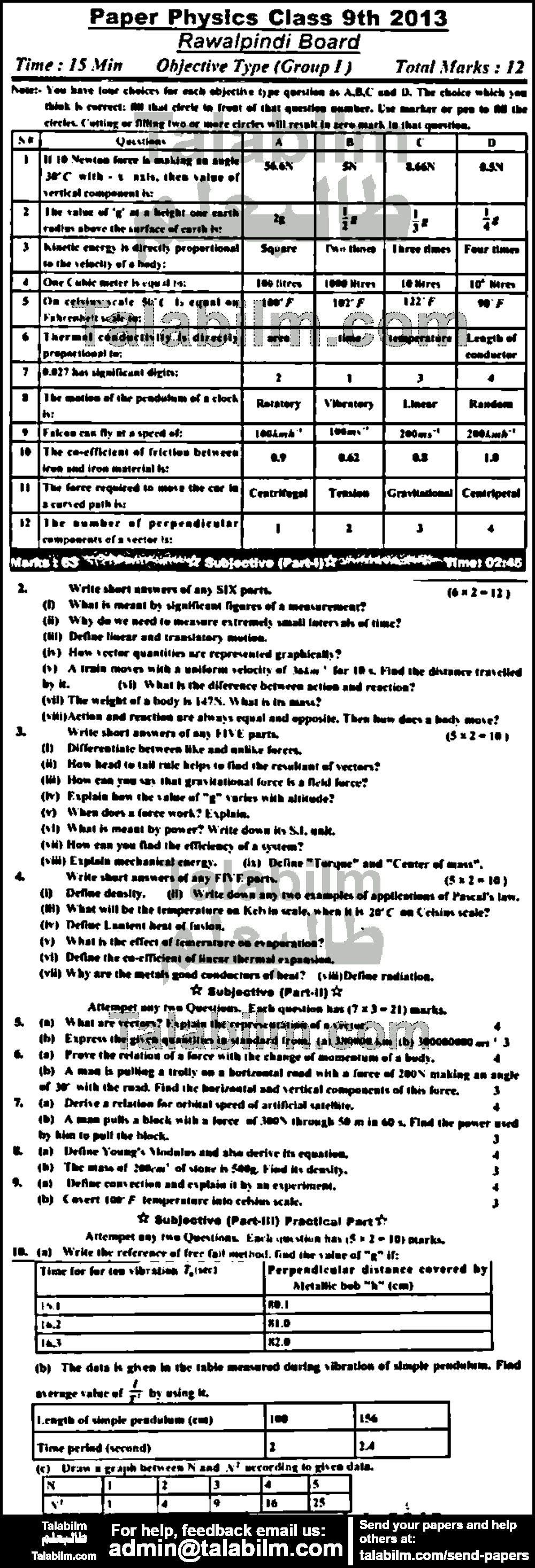 Physics 0 past paper for English Medium 2013 Group-I