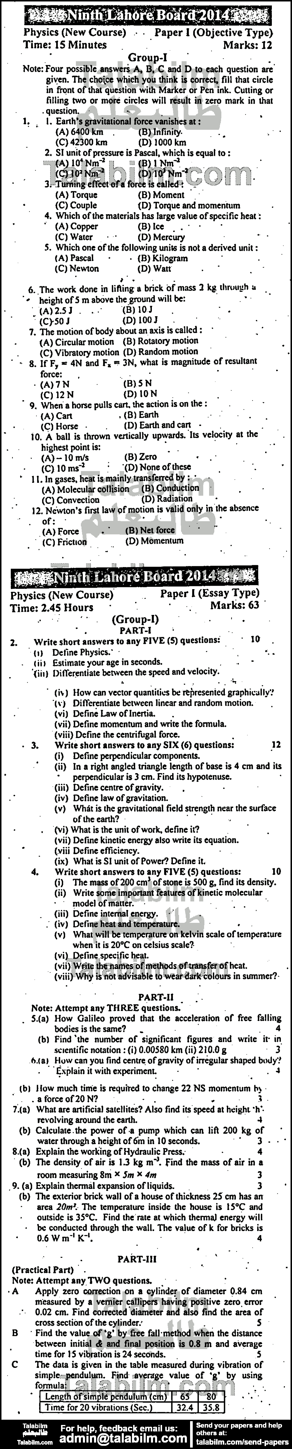 Physics 0 past paper for English Medium 2014 Group-I