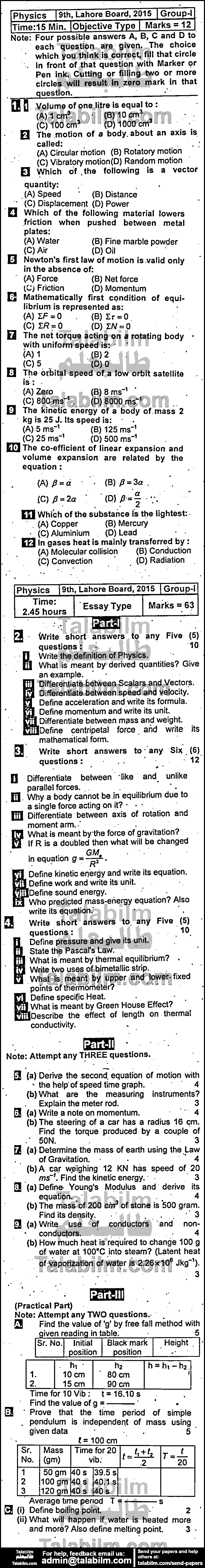 Physics 0 past paper for English Medium 2015 Group-I