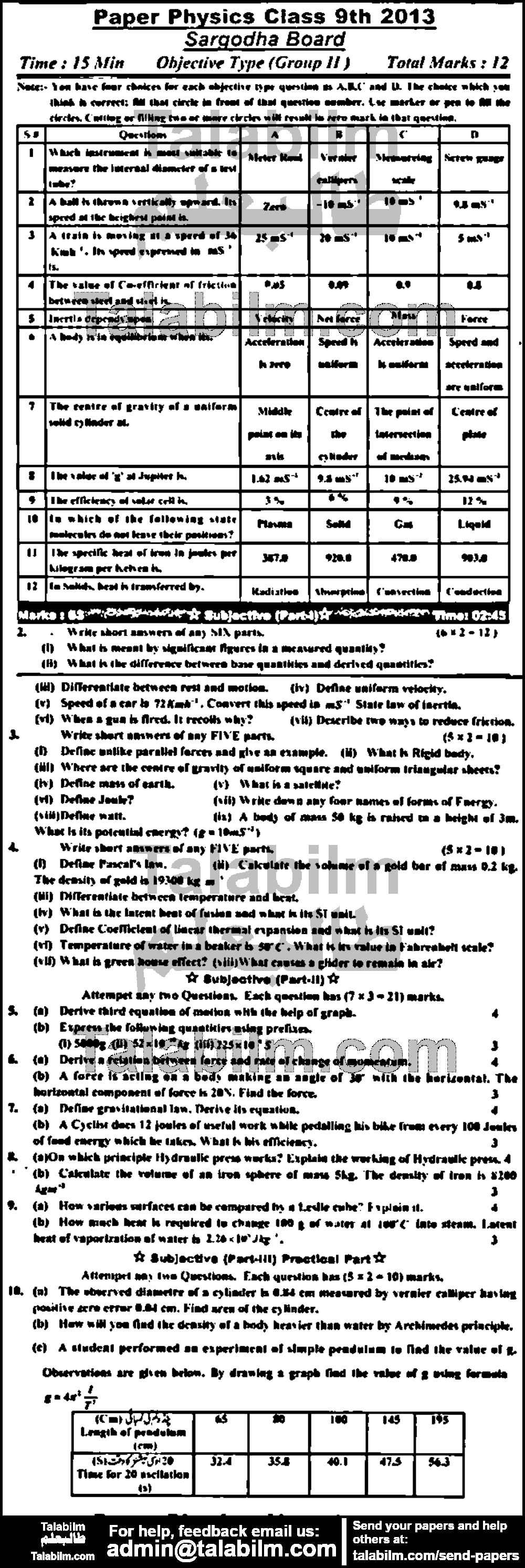 Physics 0 past paper for English Medium 2013 Group-II