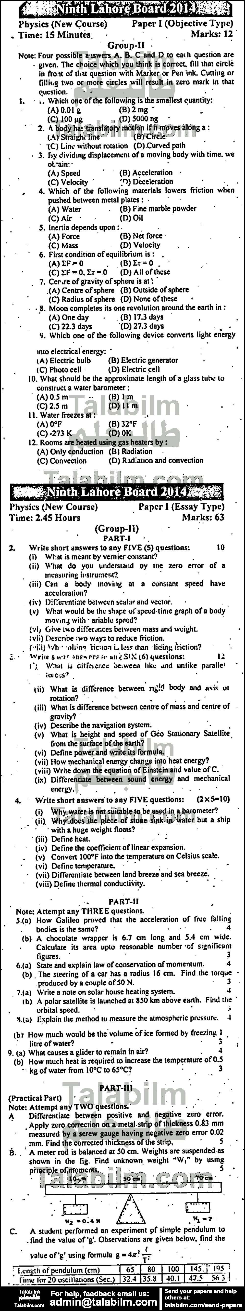 Physics 0 past paper for English Medium 2014 Group-II