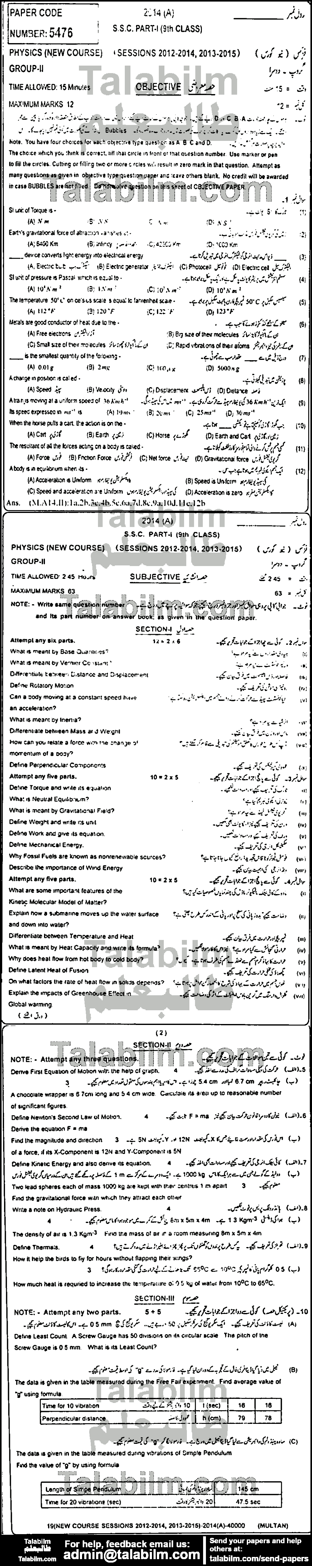 Physics 0 past paper for English Medium 2014 Group-II