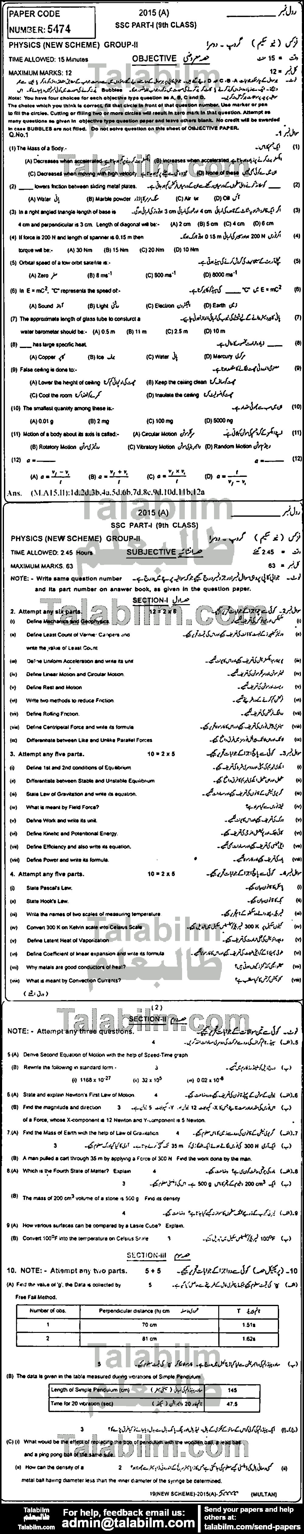 Physics 0 past paper for English Medium 2015 Group-II