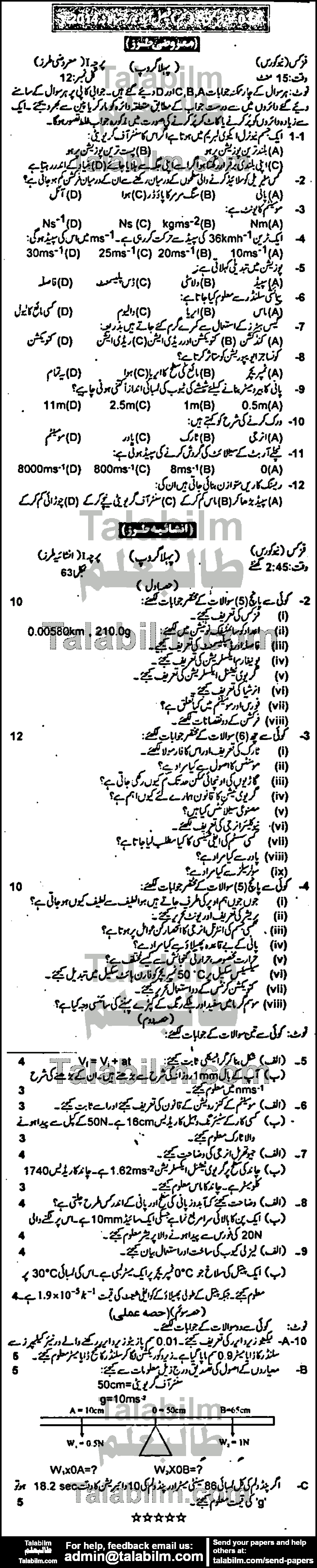 Physics 0 past paper for Urdu Medium 2014 Group-I