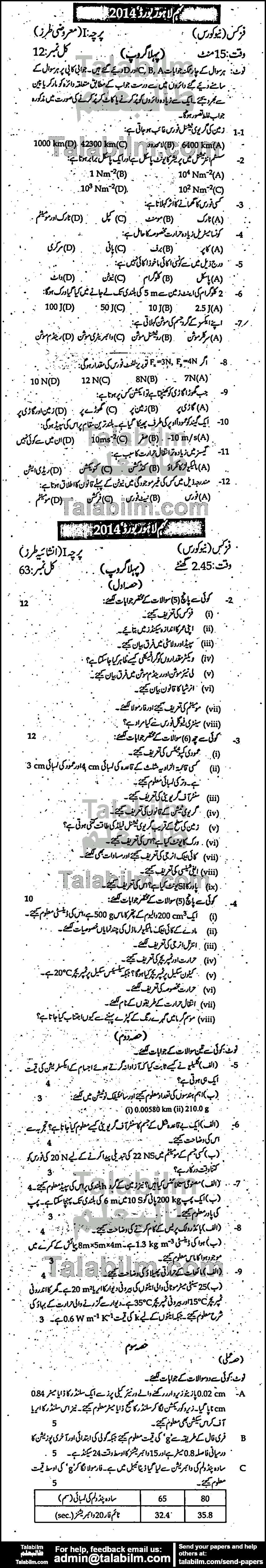 Physics 0 past paper for Urdu Medium 2014 Group-I