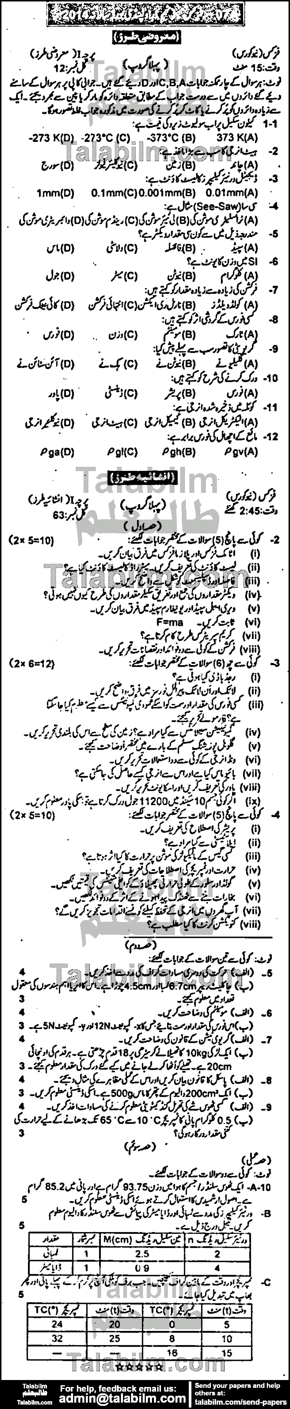 Physics 0 past paper for Urdu Medium 2014 Group-I