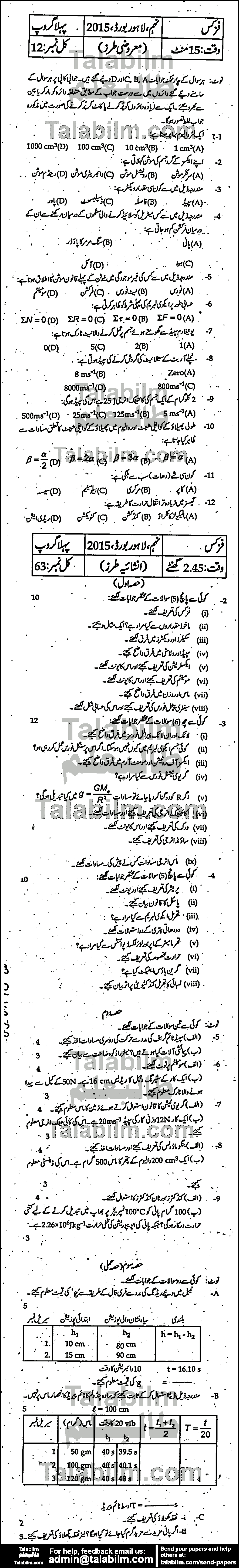 Physics 0 past paper for Urdu Medium 2015 Group-I