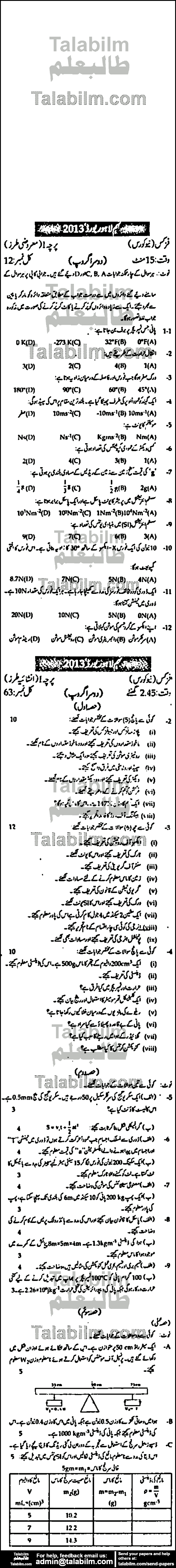 Physics 0 past paper for Urdu Medium 2013 Group-II