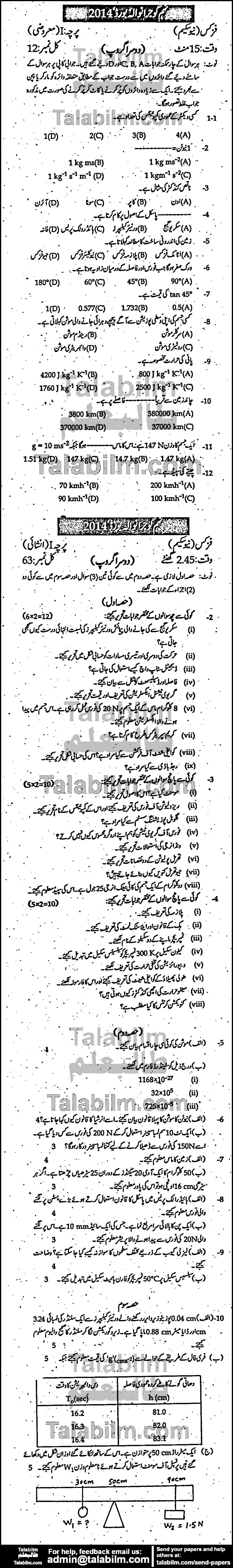 Physics 0 past paper for Urdu Medium 2014 Group-II