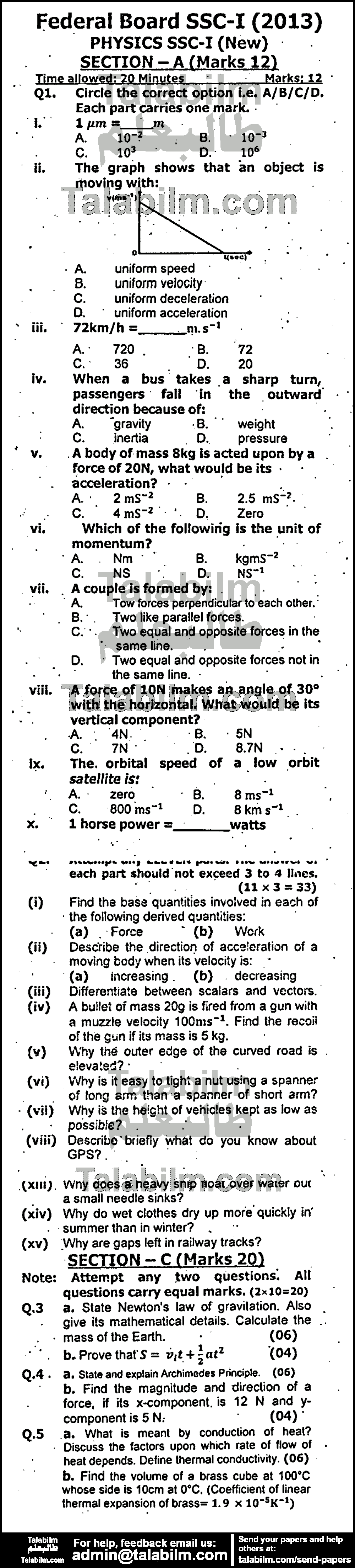 Physics 0 past paper for 2013 Group-I