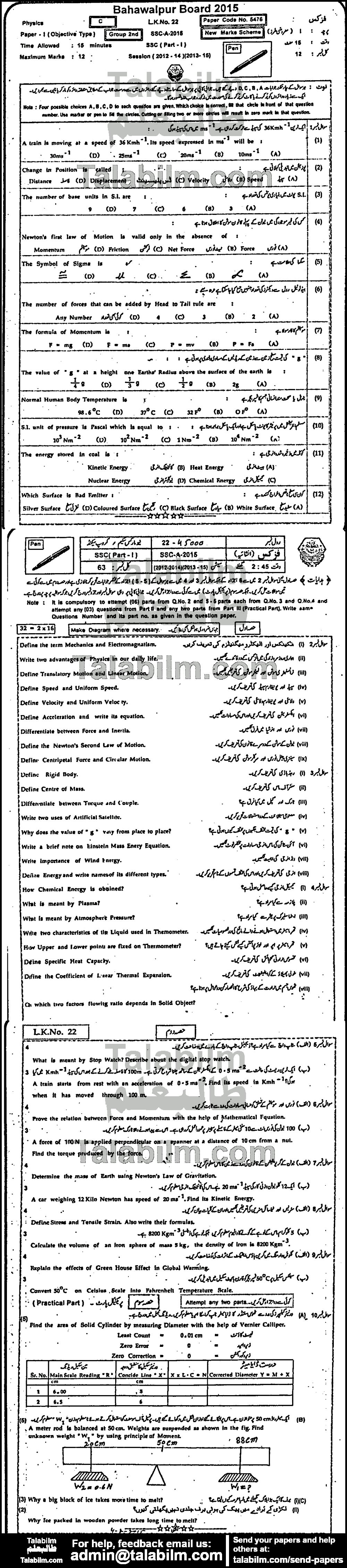 Physics 0 past paper for 2015 Group-II