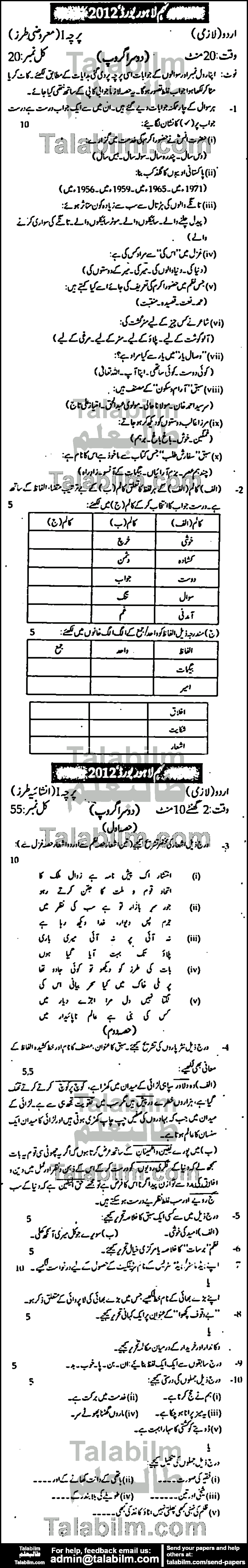 Urdu 0 past paper for Urdu Medium 2012 Group-II