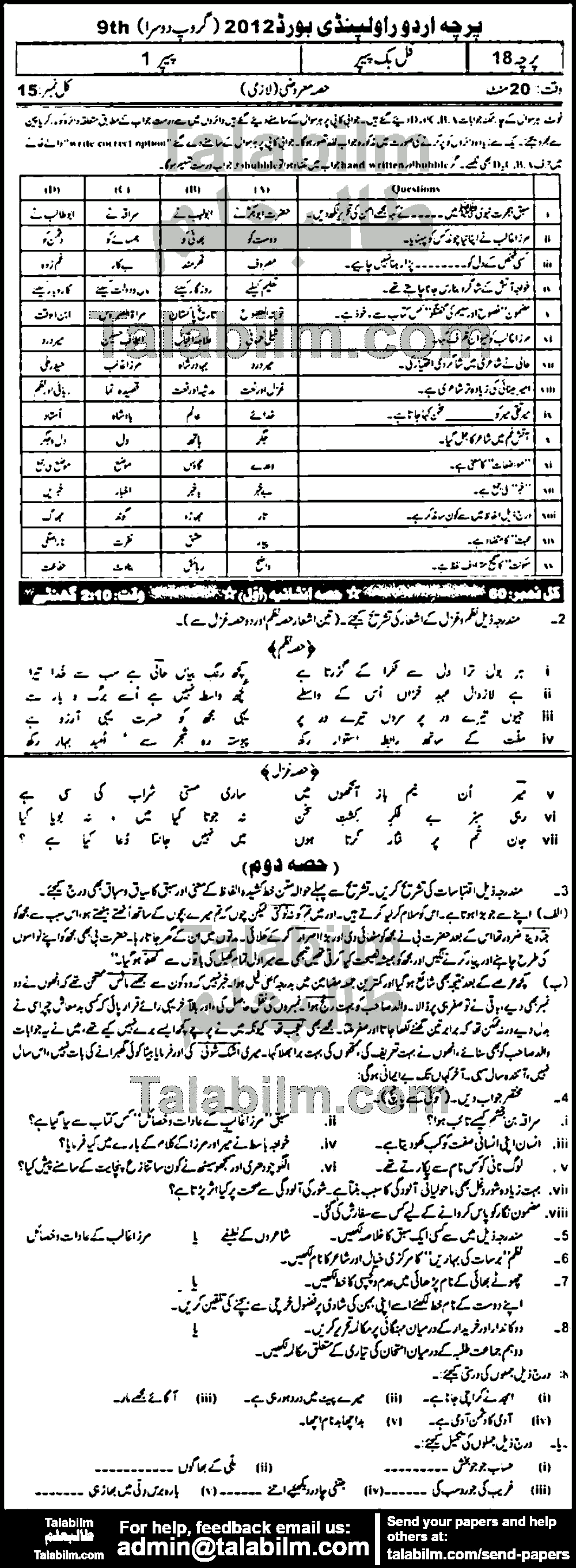 Urdu 0 past paper for Urdu Medium 2012 Group-II