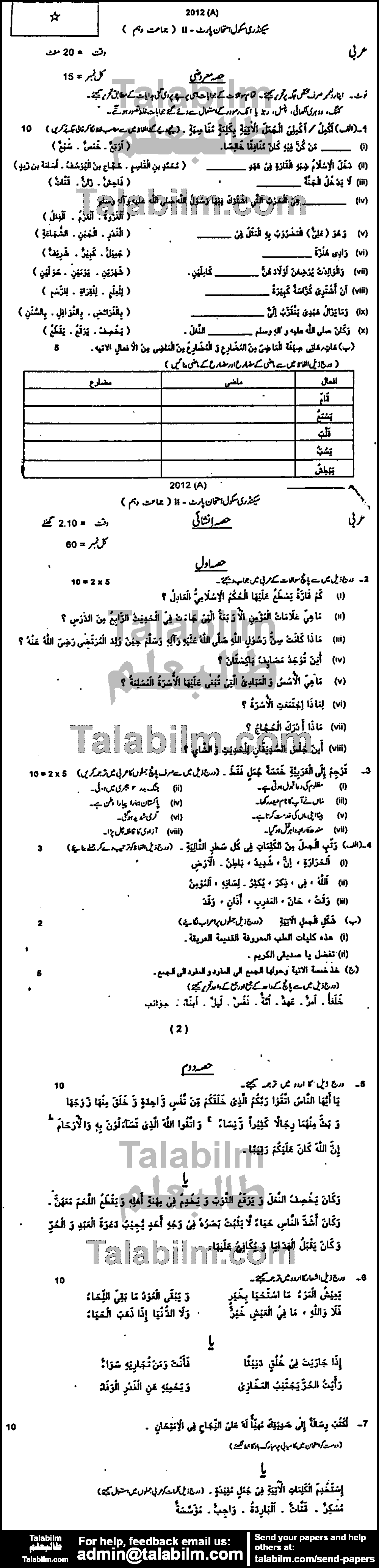 Arabic 0 past paper for Urdu Medium 2012 Group-I