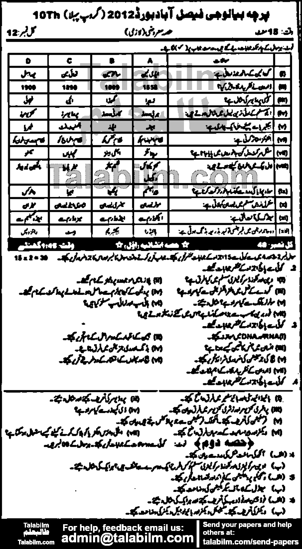 Biology 0 past paper for Urdu Medium 2012 Group-I