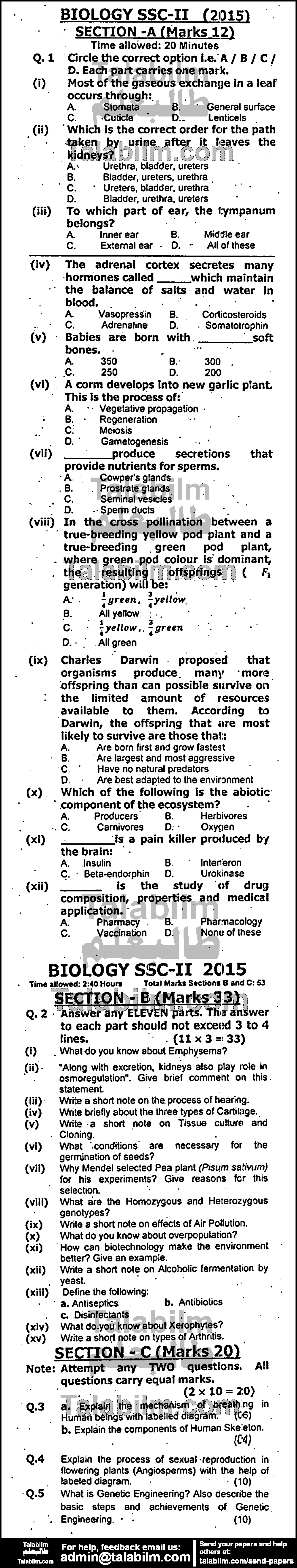 Biology 0 past paper for 2015 Group-I