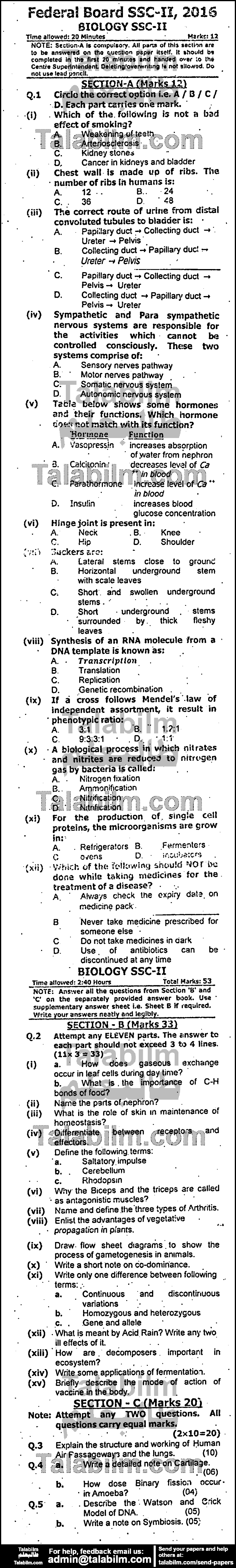 Biology 0 past paper for 2016 Group-I