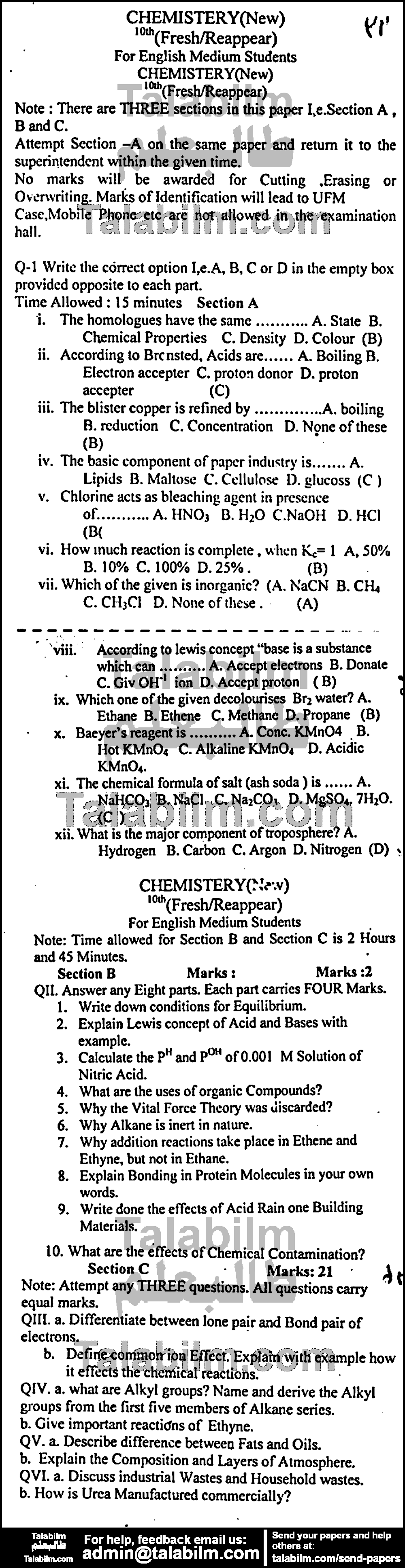 Chemistry 0 past paper for English Medium 2016 Group-I